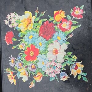 Vintage HANDPAINTED Floral TOLEWARE metal TV Black Serving Tray 14x9